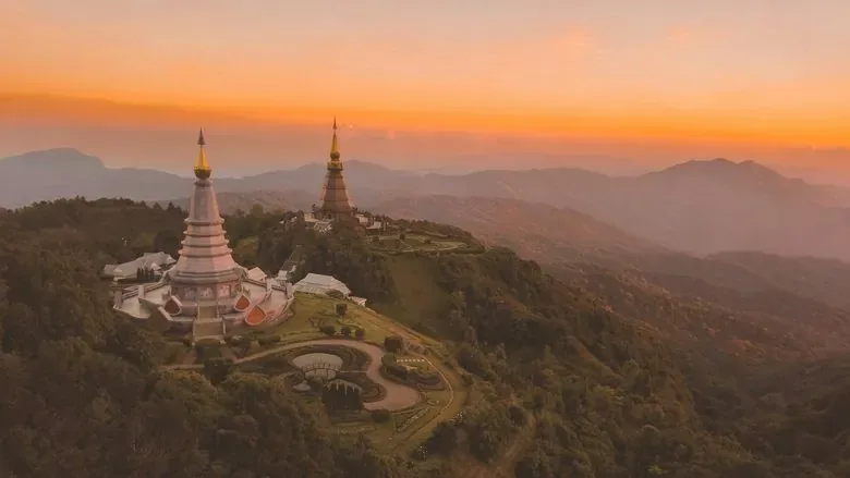 The twin pagodas of Doi Inthanon at sunset